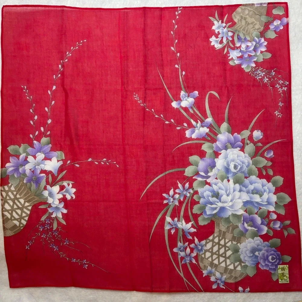 Vtg Scarf Handkerchief Floral Basket Cotton Red Purple 17